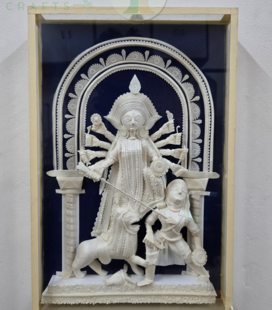 Handcrafted Sholapith Durga Mahishasur Mardini Wall Frame | Authentic Bengali Shola Art | Bhartiye Crafts