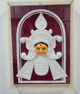Ma Durga Face Shola Pith Floral Wall Art – Traditional Bengali Craft Frame (#SPP0046)