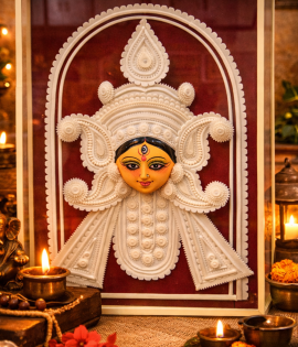 Ma Durga Face Shola Pith Floral Wall Art – Traditional Bengali Craft Frame (#SPP0046)