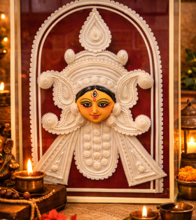 Ma Durga Face Shola Pith Floral Wall Art – Traditional Bengali Craft Frame (#SPP0046)