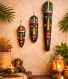 Terracotta Wall Hanging Multicolored Tribal Mask Combo (3 Pcs) | Handcrafted Jharkhand Tribal Art | Bhartiye Crafts