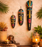 Terracotta Wall Hanging Multicolored Tribal Mask Combo (3 Pcs) | Handcrafted Jharkhand Tribal Art | Bhartiye Crafts