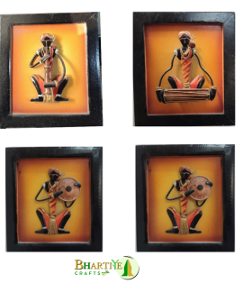 Handcrafted Bastar Art Tribal Musician Wall Frames (Set of 4) | Iron Craft from Chhattisgarh (#BKM0003)