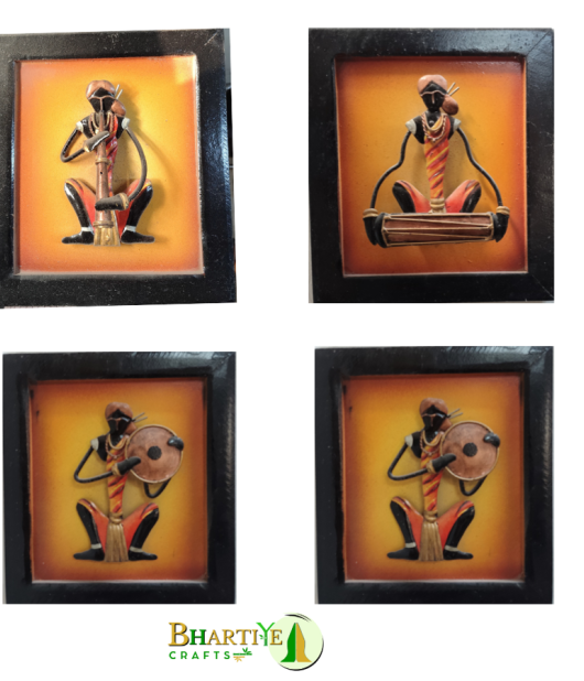 Handcrafted Bastar Art Tribal Musician Wall Frames (Set of 4) | Iron Craft from Chhattisgarh (#BKM0003)