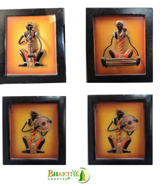 Handcrafted Bastar Art Tribal Musician Wall Frames (Set of 4) | Iron Craft from Chhattisgarh (#BKM0003)