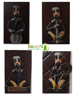 Handmade Bastar Art Tribal Musician Iron Wall Decor (Set of 4 Frames)