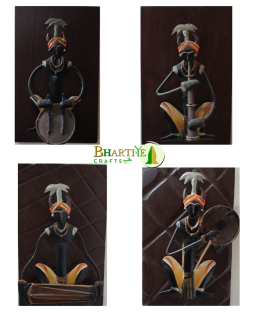 Handmade Bastar Art Tribal Musician Iron Wall Decor (Set of 4 Frames)