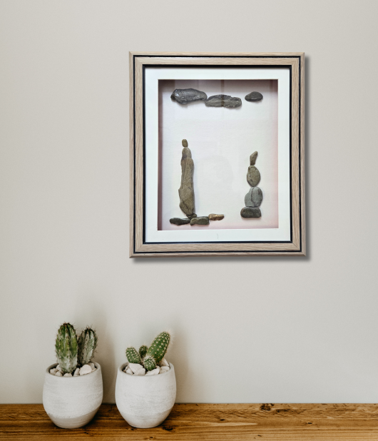 Between Earth and Sky Pebble Art Frame – Balanced Stone Artwork (#PB0009)