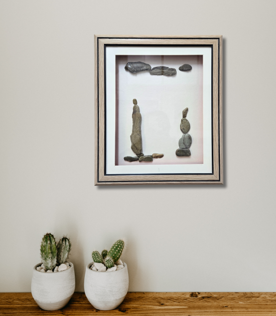 Between Earth and Sky Pebble Art Frame – Balanced Stone Artwork (#PB0009)