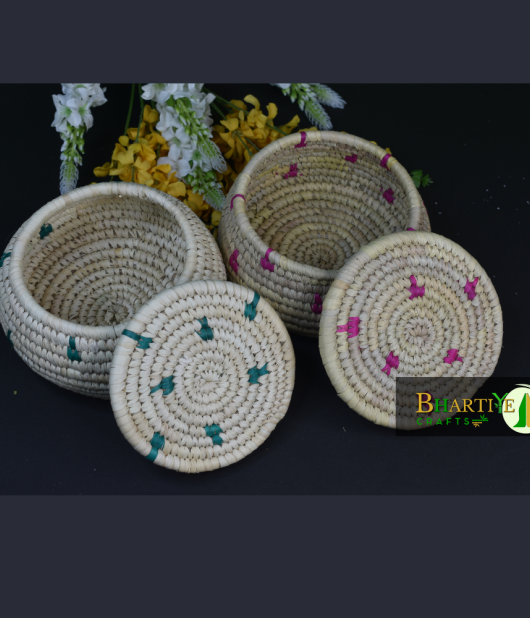 Handcrafted Sabai Grass Hand Weaved Matki Multi Storage Box Set Of 3