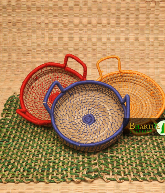 Eco Friendly Sabai Grass Colour Thread Kadai Basket With Handle Set Of 3