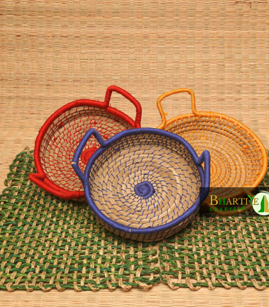 Eco Friendly Sabai Grass Colour Thread Kadai Basket With Handle Set Of 3