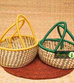Handcrafted Sabai Grass Hamper Baskets With Vibrant Handles Set Of 2
