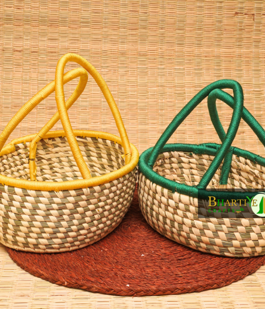 Handcrafted Sabai Grass Hamper Baskets With Vibrant Handles Set Of 2