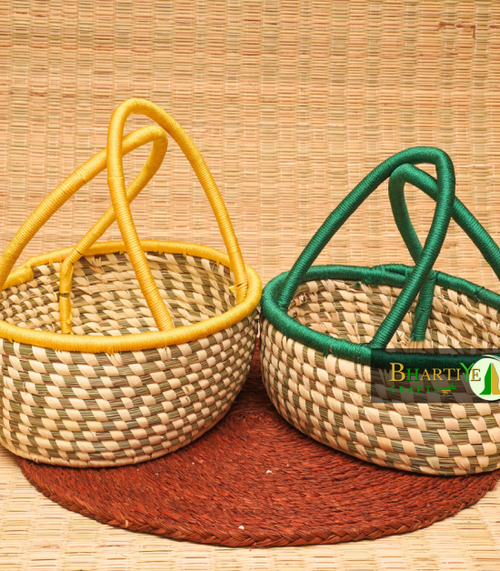 Handcrafted Sabai Grass Hamper Baskets With Vibrant Handles Set Of 2