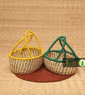 Handcrafted Sabai Grass Hamper Baskets With Vibrant Handles Set Of 2