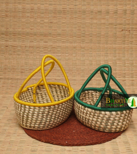 Handcrafted Sabai Grass Hamper Baskets With Vibrant Handles Set Of 2