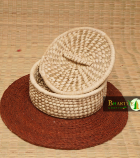 Handcrafted Sabai Grass Roti Box with Palm Leaf Work | Eco-Friendly Basket with Lid – Bhartiye Crafts Odisha