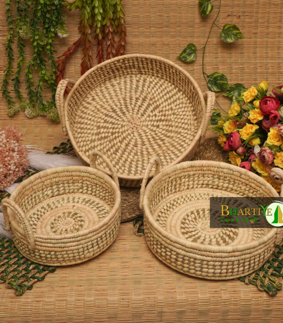 Sabai Grass Ratten Cane Basket Round Set Of 3 | Punjabi Lohri Special Festive Basket