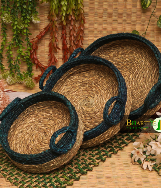 Handicraft Sabai Grass Beni Organiser With Handle Round Set of 3