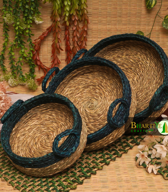 Handicraft Sabai Grass Beni Organiser With Handle Round Set of 3
