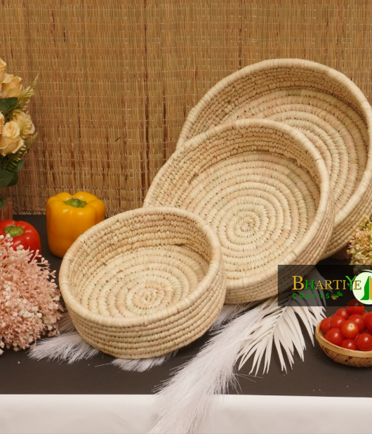 Handcrafted Sabai Grass Binding Basket For Home & Kitchen | Fruits & Vegetable Set Of 3