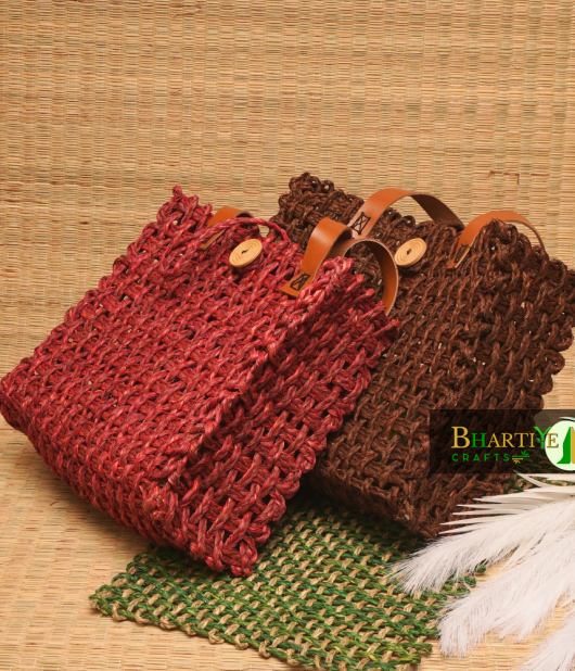 Eco-Friendly Sabai Grass Dual Tote Jali Bags - Red & Brown