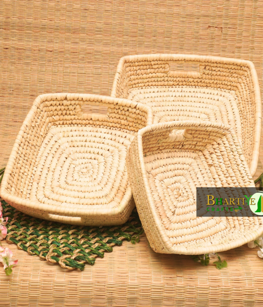 Handcrafted Sabai Grass Binding Basket For Home & Kitchen | Fruits & Vegetable Set Of 3