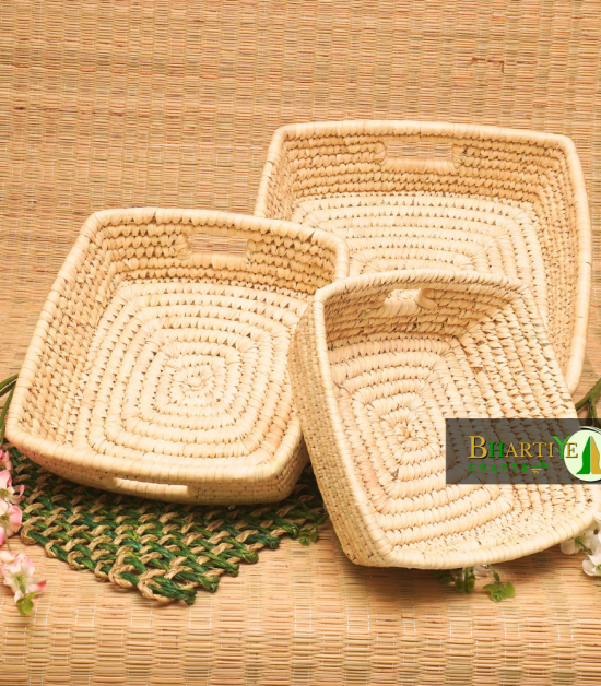 Handcrafted Sabai Palm Grass Binding Basket For Home & Kitchen | Fruits & Vegetable Set Of 3 | Lohri Di Mithaas – Traditional Winter Hamper