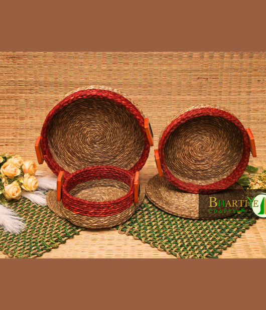 Handicraft Sabai Grass Beni Organiser With Wooden Handle Round Set of 3