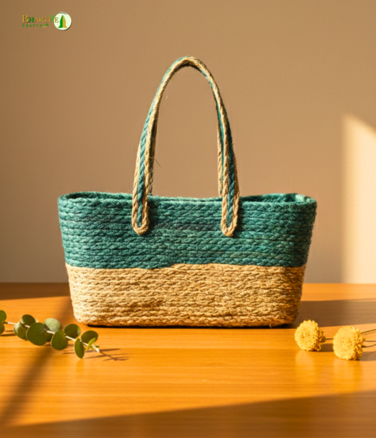 Bhartiye Crafts Handwoven Sabai Grass Veggie Bag – Natural & Green Tone