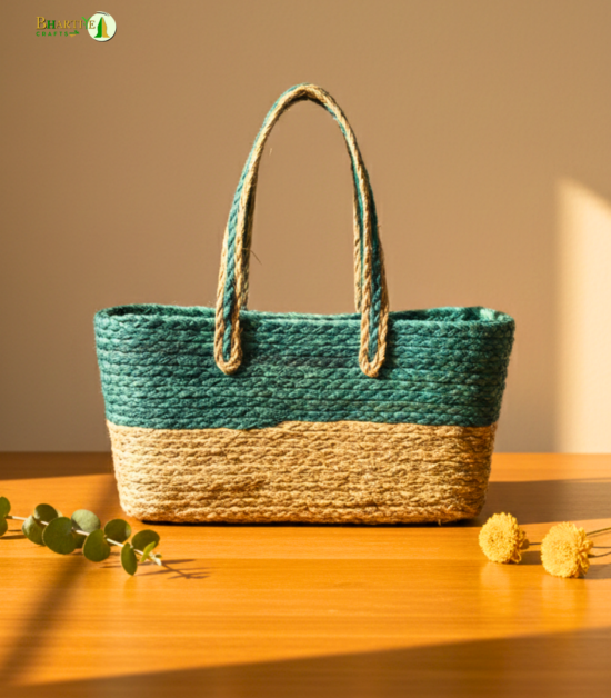 Bhartiye Crafts Handwoven Sabai Grass Veggie Bag – Natural & Green Tone