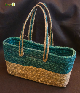 Bhartiye Crafts Handwoven Sabai Grass Veggie Bag – Natural &amp; Green Tone
