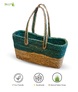 Bhartiye Crafts Handwoven Sabai Grass Veggie Bag – Natural &amp; Green Tone