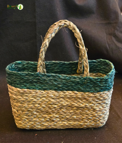 Bhartiye Crafts Handwoven Sabai Grass Market Bag – Natural &amp; Green Accent