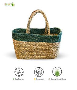 Bhartiye Crafts Handwoven Sabai Grass Market Bag – Natural &amp; Green Accent