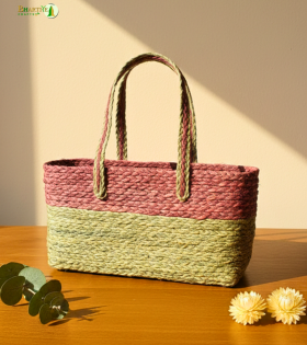 Bhartiye Crafts Handwoven Sabai Grass Veggie Bag – Natural &amp; Red Tone