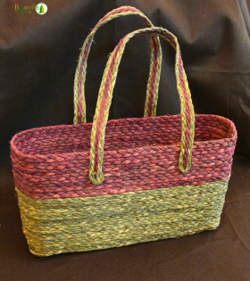 Bhartiye Crafts Handwoven Sabai Grass Veggie Bag – Natural &amp; Red Tone