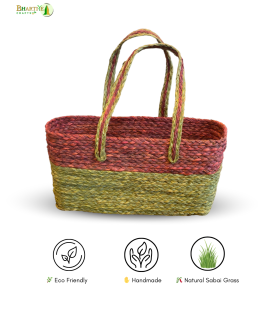 Bhartiye Crafts Handwoven Sabai Grass Veggie Bag – Natural &amp; Red Tone