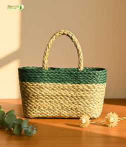 Bhartiye Crafts Handwoven Sabai Grass Market Bag – Natural &amp; Green Accent