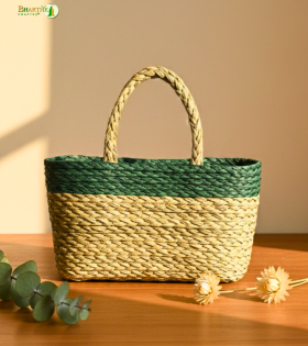 Bhartiye Crafts Handwoven Sabai Grass Market Bag – Natural &amp; Green Accent
