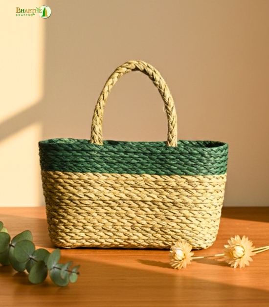 Bhartiye Crafts Handwoven Sabai Grass Market Bag – Natural & Green Accent