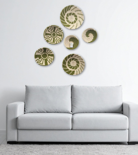 Handwoven Sabai Grass Wall Decor – Green &amp; White Spiral Design Set Of 6