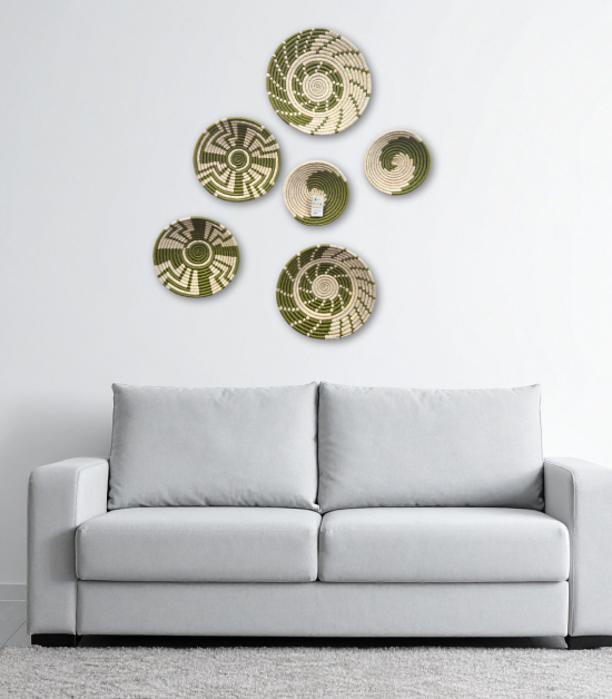 Handwoven Sabai Grass Wall Decor – Green & White Spiral Design Set Of 6