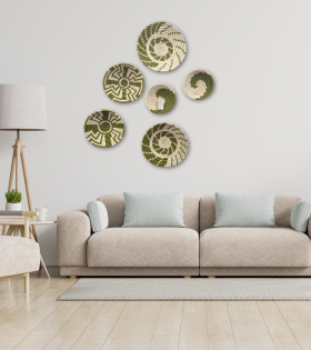 Handwoven Sabai Grass Wall Decor – Green &amp; White Spiral Design Set Of 6