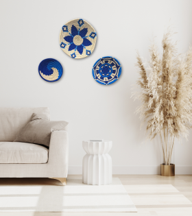 Handwoven Sabai Grass Wall Decor Blue &amp; White Spiral Design Set Of 3