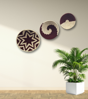 Handwoven Sabai Grass Wall Decor – Brown &amp; White Spiral Design Set Of 3