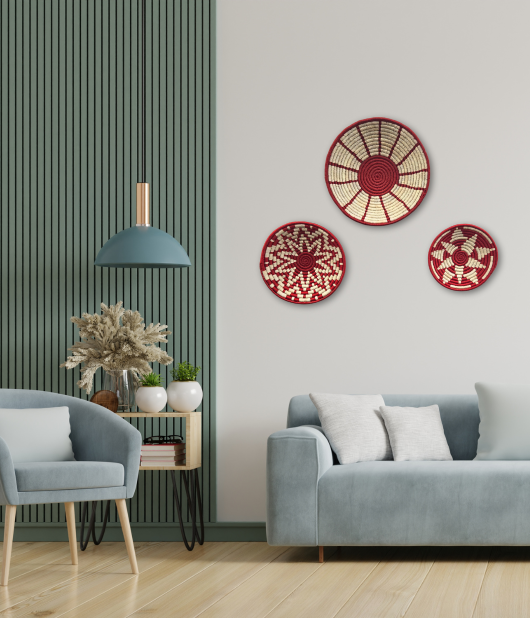 Handwoven Sabai Grass Wall Decor – Red & White Spiral Design Set Of 3