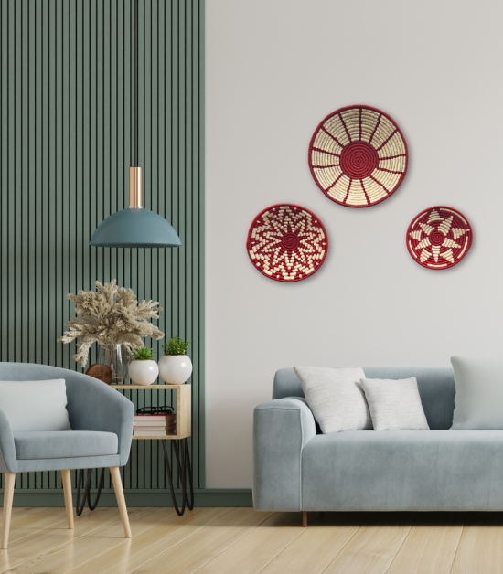 Handwoven Sabai Grass Wall Decor – Red & White Spiral Design Set Of 3