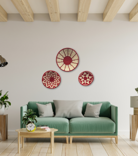 Handwoven Sabai Grass Wall Decor – Red &amp; White Spiral Design Set Of 3